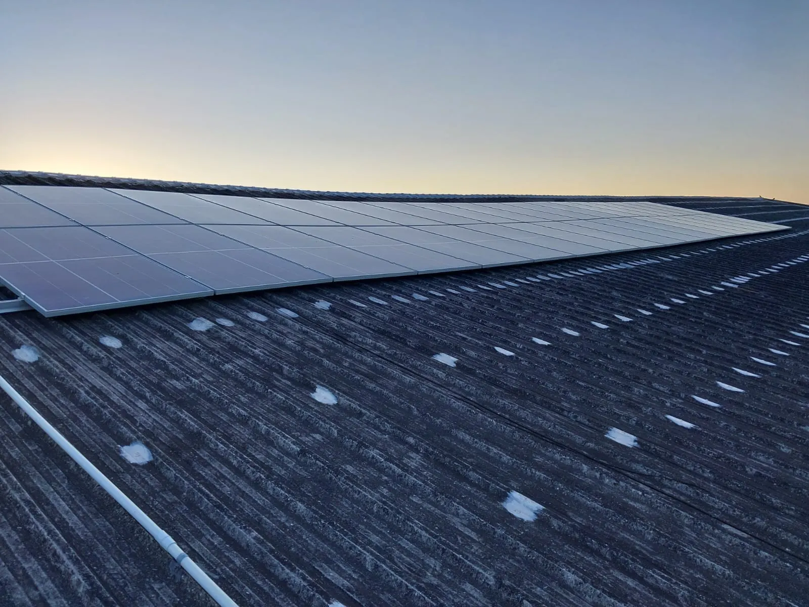 Hilera de paneles solares sobre el techo de una nave industrial al amanecer