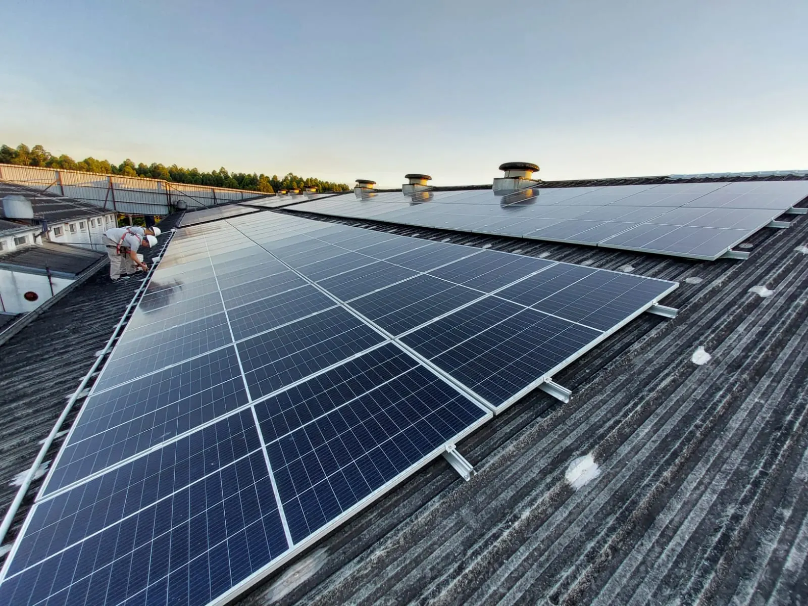 Instalación de paneles solares sobre el techo de una nave industrial